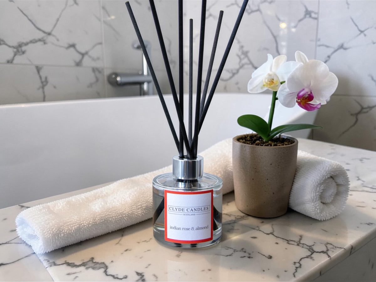 Indian Rose & Almond Reed Diffuser - Clyde Candles, Luxury Diffuser Oil with a Set of 7 Fibre Sticks, Best Aroma Scent for Home, Kitchen, Living Room, Bathroom. Fragrance Diffusers set with sticks