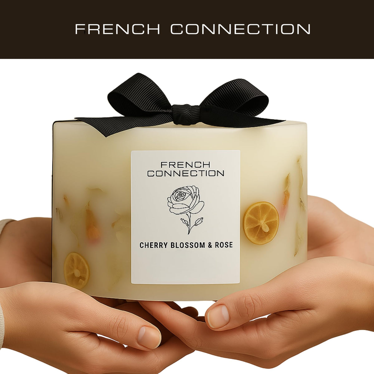 French Connection Cherry Blossom & Rose Scented Candle Botanical Pillar Candle | Aromatherapy Candles Gifts For Women & Men- (1.5KG/91hr) Burn Time | Long-Lasting Large 3 Wick Candle Housewarming Gift