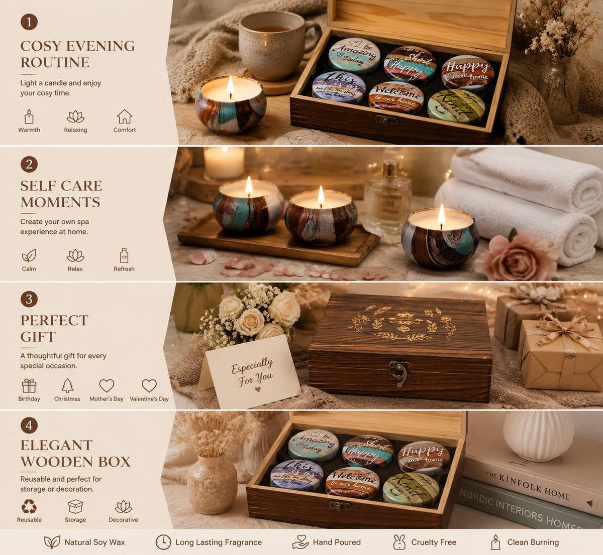 Luxury Scented Candle Gift Set for Women Natural Soy Wax Aromatherapy Candles in Elegant Wooden Gift Box for Relaxing, Self Care & Cosy Home Spa, Small Thoughtful Gift for Birthday, Mum, Christmas