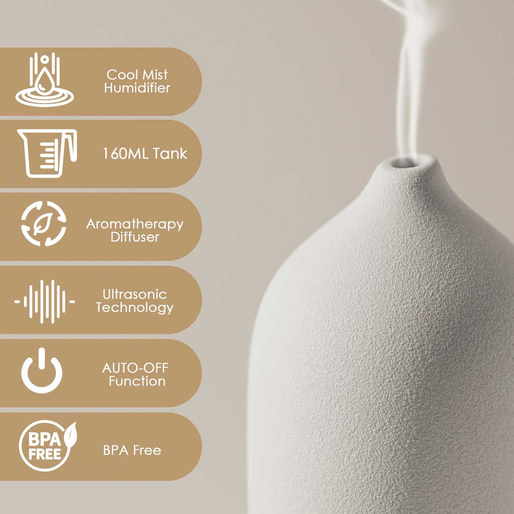 Diffuserlove Ceramic Diffuser 160ML Essential Oil Diffusers for Home Room Air Humidifier Cool Mist Electric Diffuser for Bedroom White(Size:6.8"H x 3.6"W)