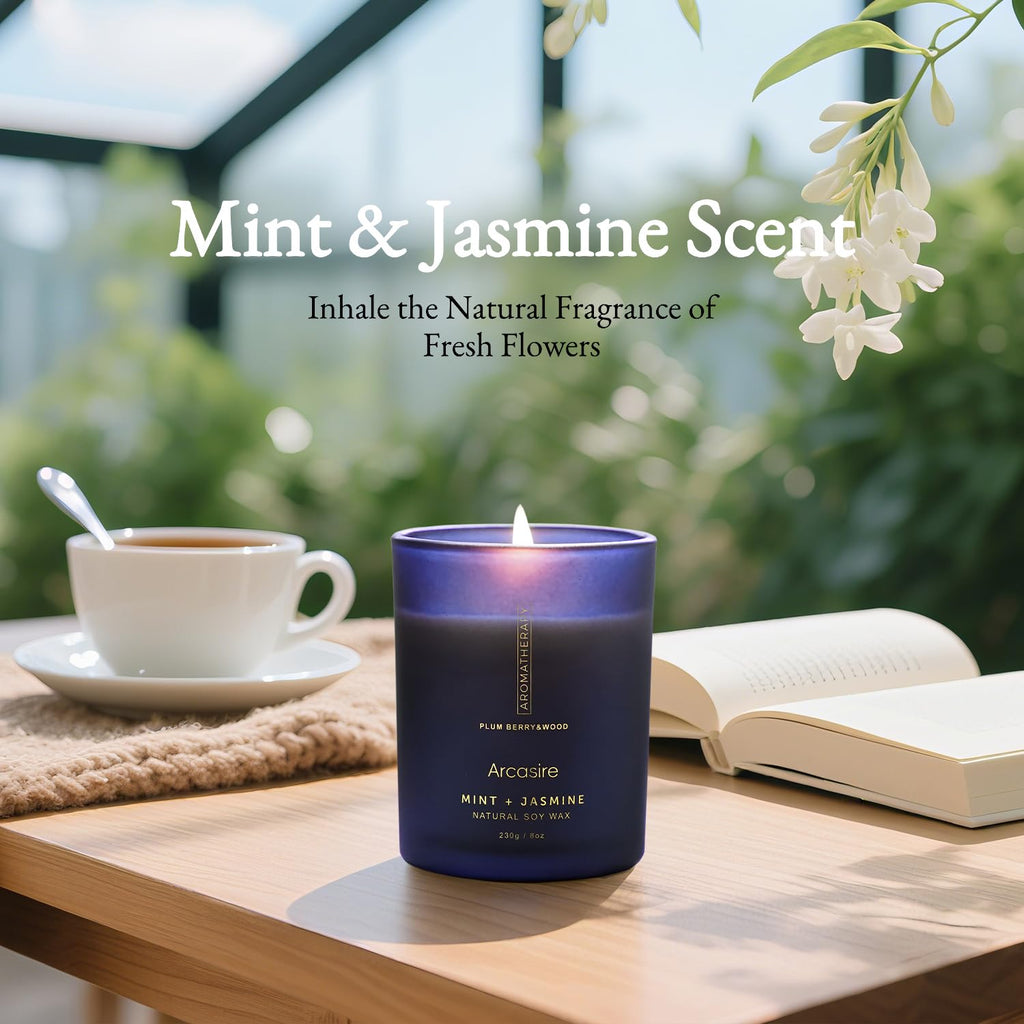 Mint Jasmine Scented Candle, Luxury Candles for Women, 8oz Soy Wax Candle