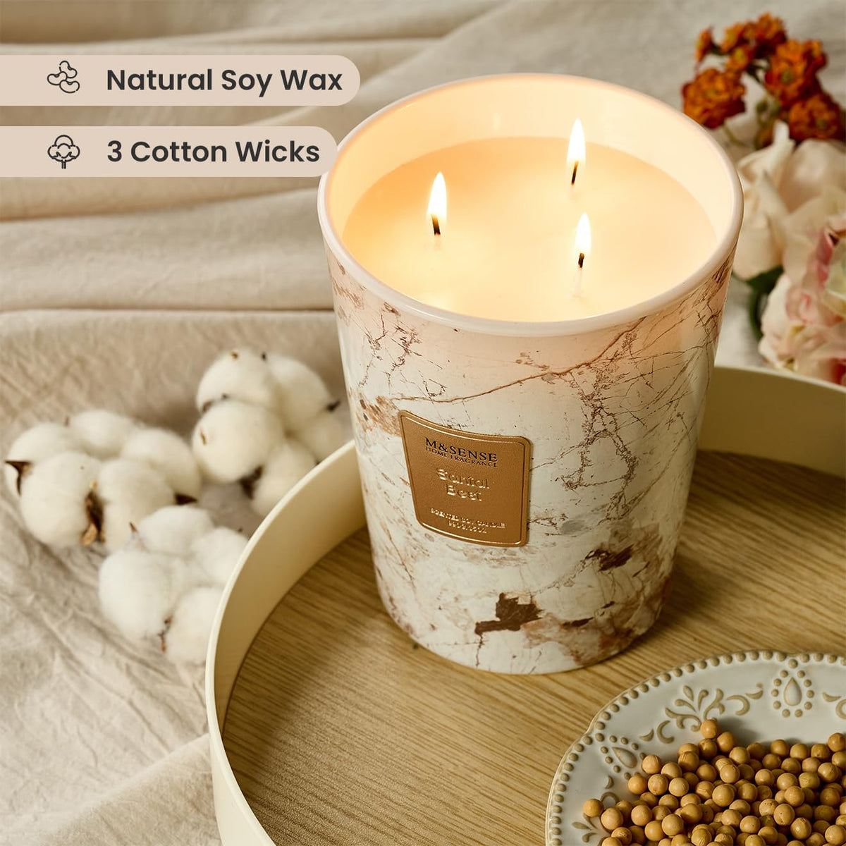 M&SENSE Scented Candles Gifts for Women 990g Santal 3-Wick Natural Soy Wax Large Candles 150H Long Burning Aromatherapy Candles Gift for Men, Perfect Halloween Christmas Wedding Gifts