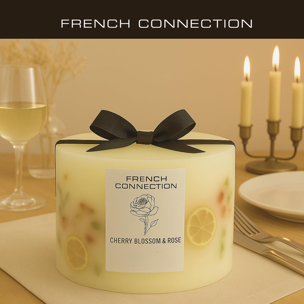 French Connection Cherry Blossom & Rose Scented Candle Botanical Pillar Candle | Aromatherapy Candles Gifts For Women & Men- (1.5KG/91hr) Burn Time | Long-Lasting Large 3 Wick Candle Housewarming Gift