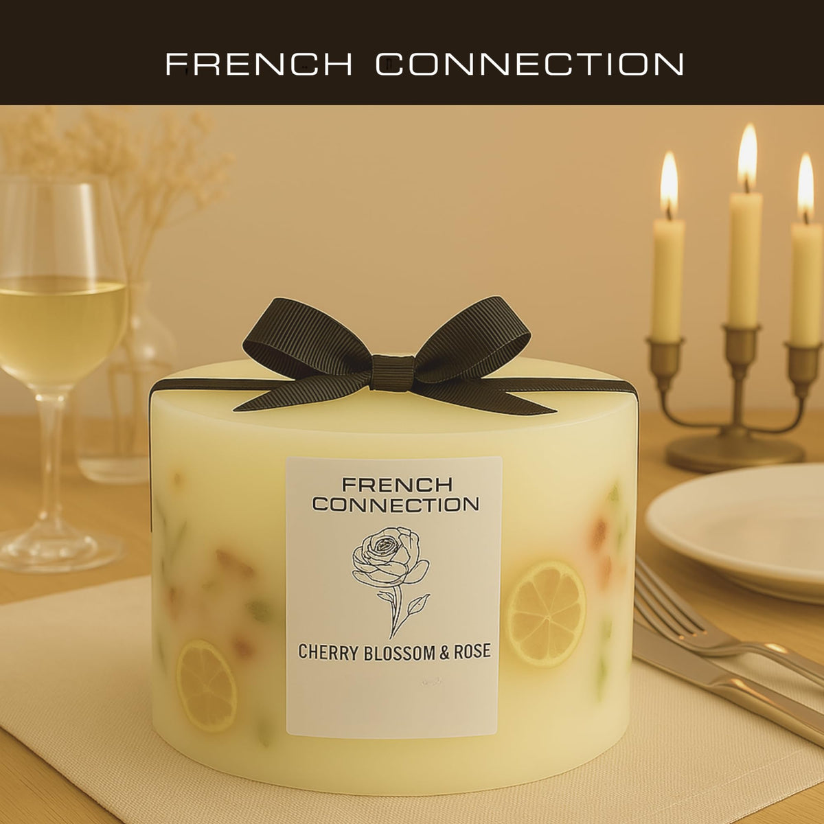 French Connection Cherry Blossom & Rose Scented Candle Botanical Pillar Candle | Aromatherapy Candles Gifts For Women & Men- (1.5KG/91hr) Burn Time | Long-Lasting Large 3 Wick Candle Housewarming Gift
