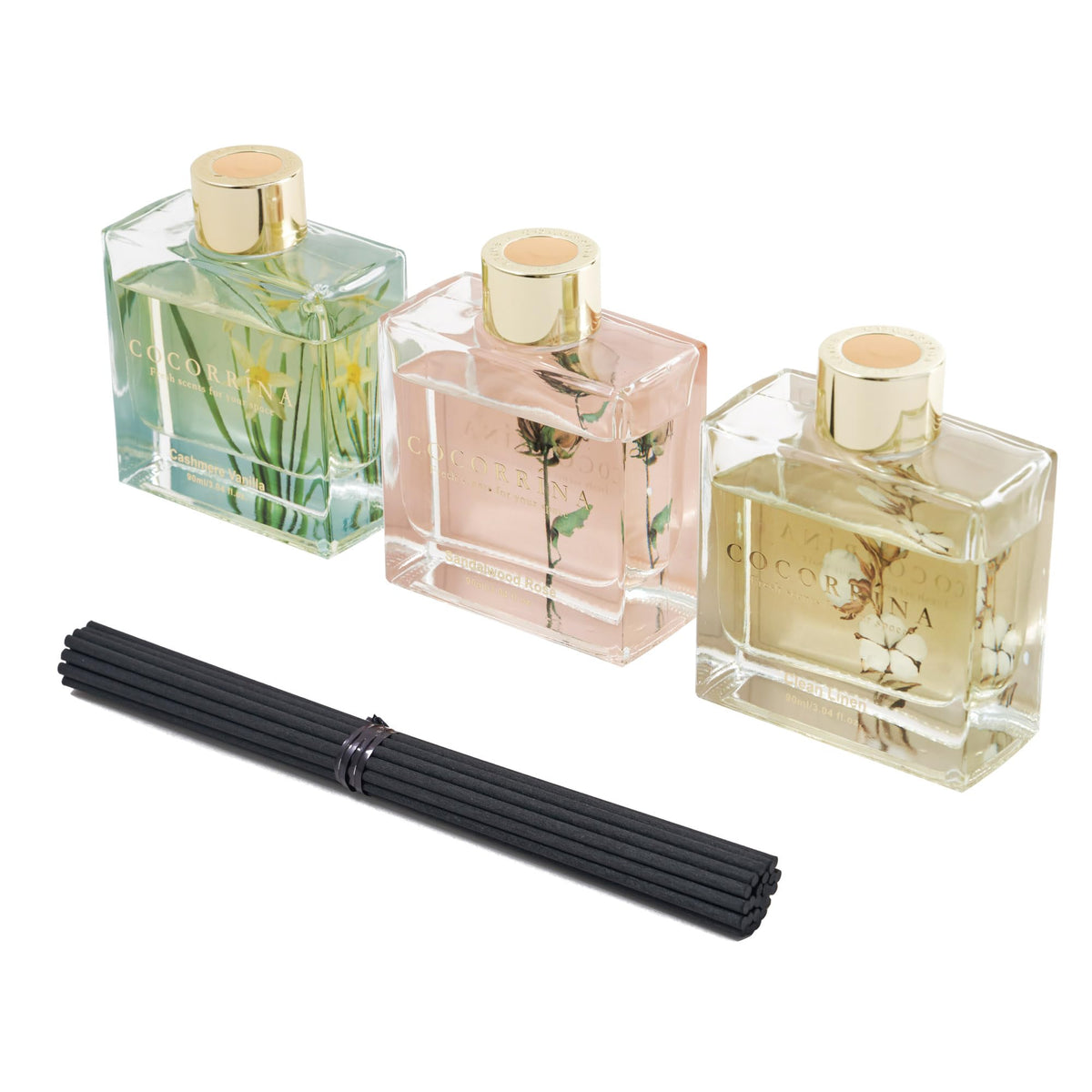 COCORRÍNA Reed Diffuser - 3 Pack/ 90ml with 24 Sticks Reed Diffuser for for House Bedroom Office Decor & Gifts Set (Cashmere Vanilla/Sandalwood Rose/Clean Linen)