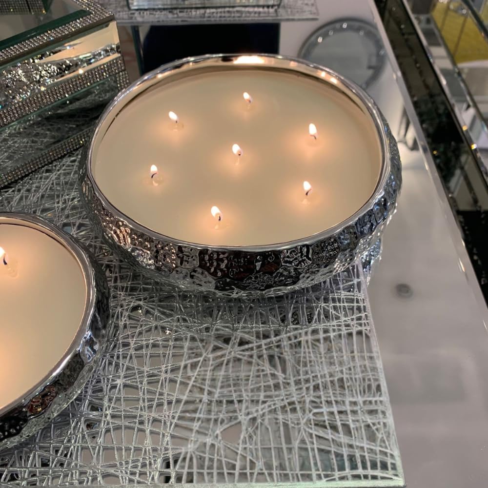 Marco Paul Large Vanilla Scented Candle Bowl - 7 Wick Silver Candle Dish Hammered Tone Home Decoration - Home Fragrance Luxury Soy Wax Christmas Gifts Long Lasting Dining Table Centrepiece