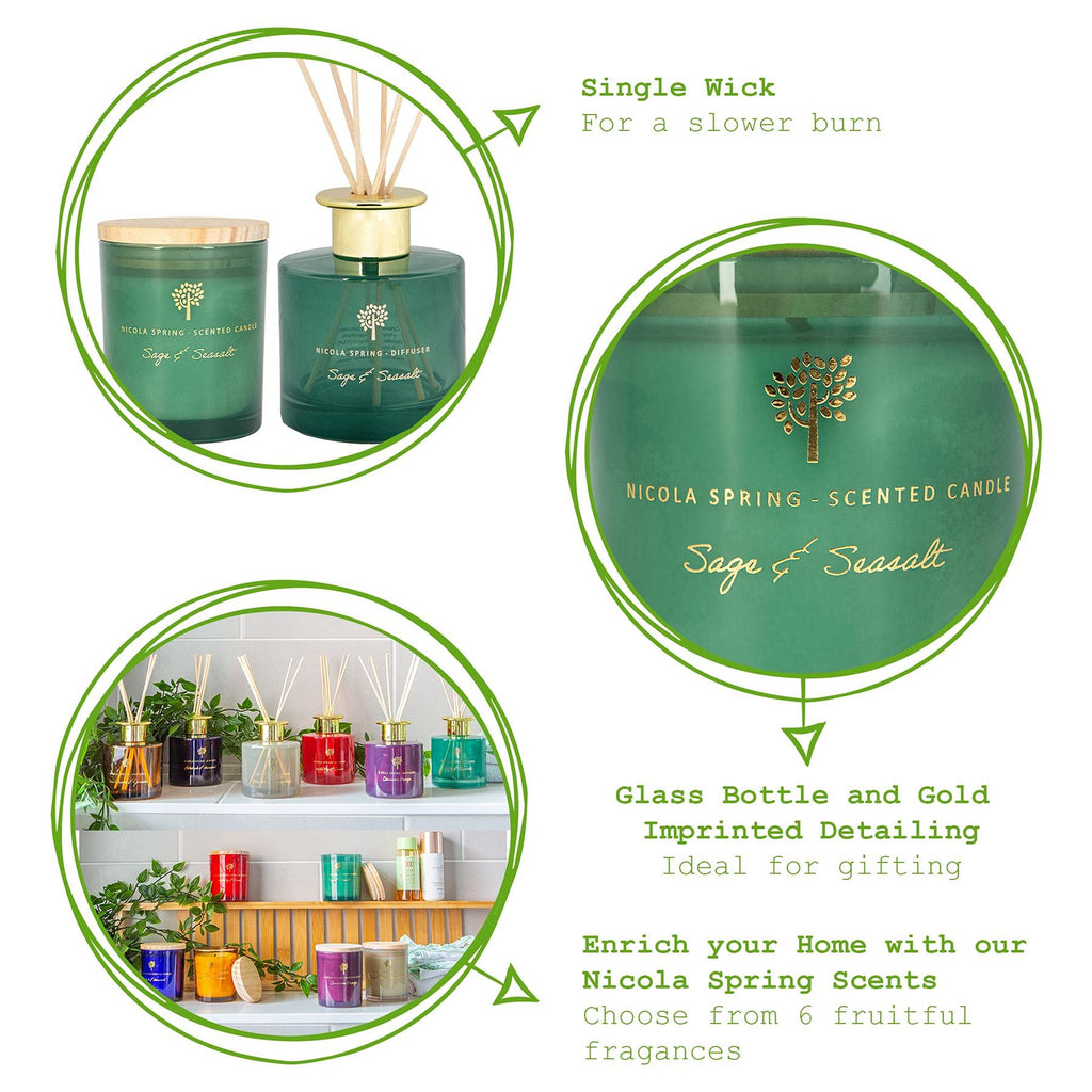 Nicola Spring Sage & Seasalt Scented Candle & Reed Diffuser Set - 130g Soy Wax Candle 21 Hour Burning Time Small Relaxing Fragrance Gift Set Aromatherapy 200ml Fragrant Diffuser