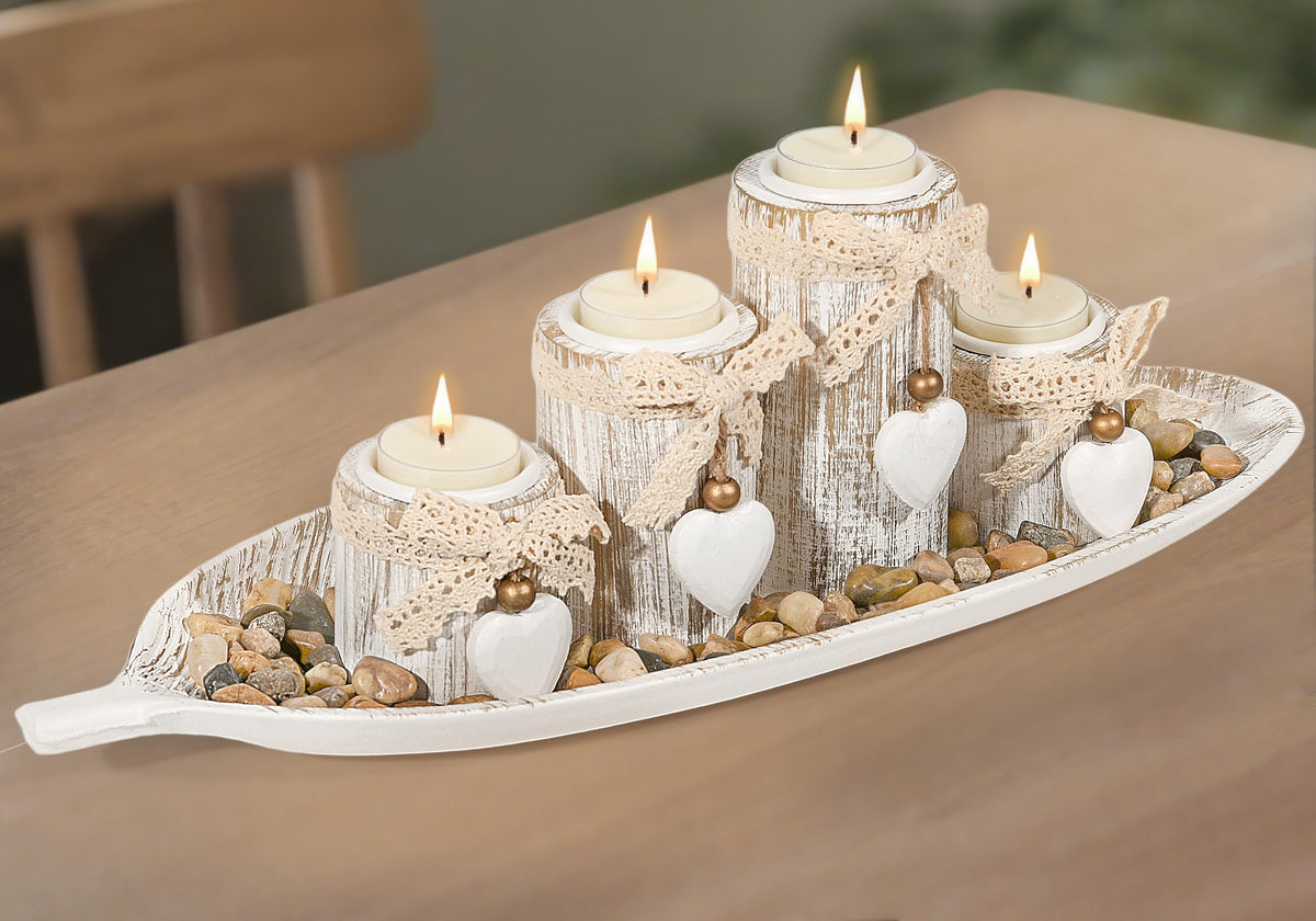GoMaihe Wooden Candle Holders with Tray : 4-Pcs Tealight Candlestick Set for Dining Table Centrepiece, Ornaments for Living Room Bathroom, House Warming Gifts, Leaf