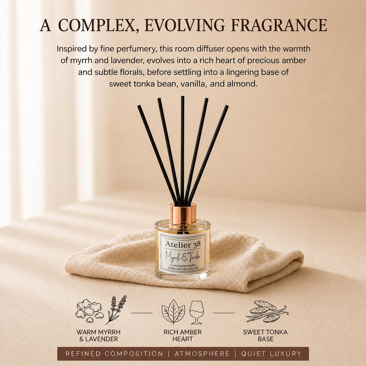 Atelier 38 Myrrh & Tonka Reed Diffuser for Home 120ml - Luxury Reed Diffusers for Home Fragrance, Long Lasting Air Diffuser & Bathroom Air Freshener - Home essential