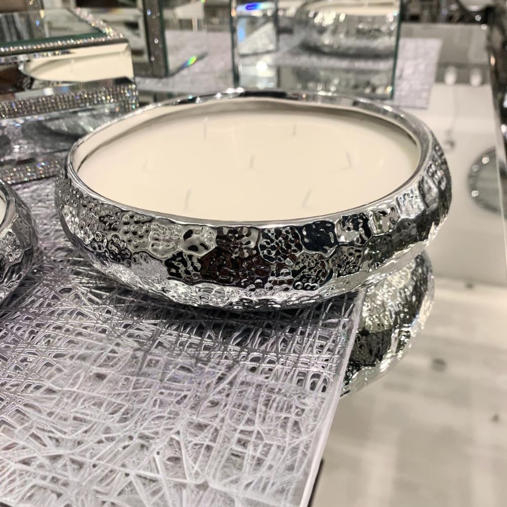 Marco Paul Large Vanilla Scented Candle Bowl - 7 Wick Silver Candle Dish Hammered Tone Home Decoration - Home Fragrance Luxury Soy Wax Christmas Gifts Long Lasting Dining Table Centrepiece