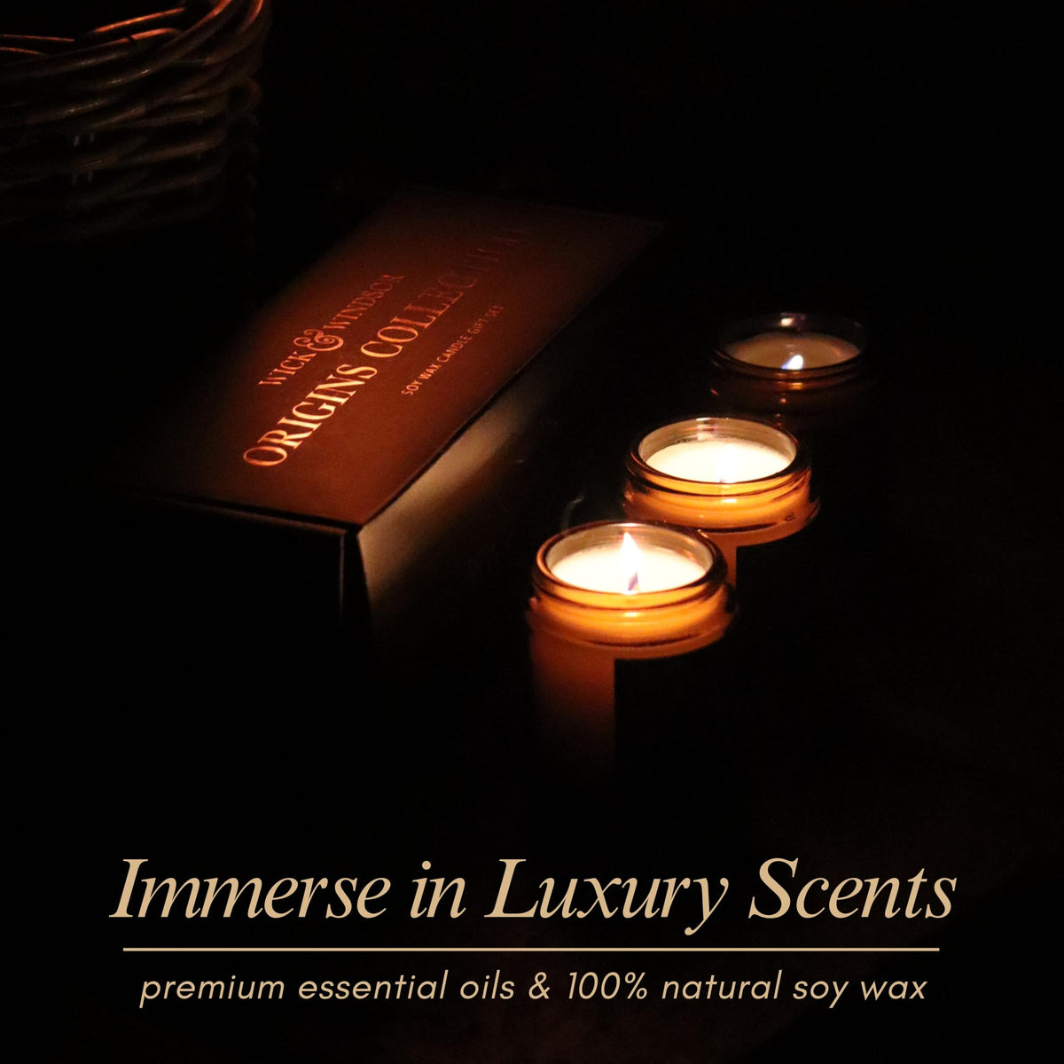 Wick & Windsor | Scented Candle Gift Set | Origins Collection | 3 Luxury Soy Wax Candles | Wooden Wick | 3×100g | Amber, Black Pepper & Sea Salt | Gift for Him - Birthday, Christmas & Father's Day