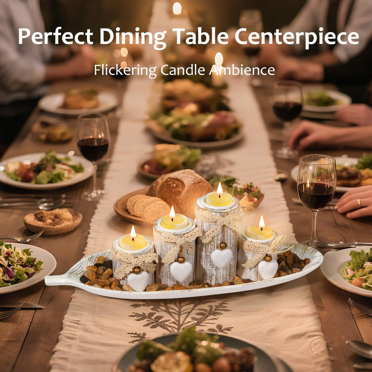 GoMaihe Wooden Candle Holders with Tray : 4-Pcs Tealight Candlestick Set for Dining Table Centrepiece, Ornaments for Living Room Bathroom, House Warming Gifts, Leaf