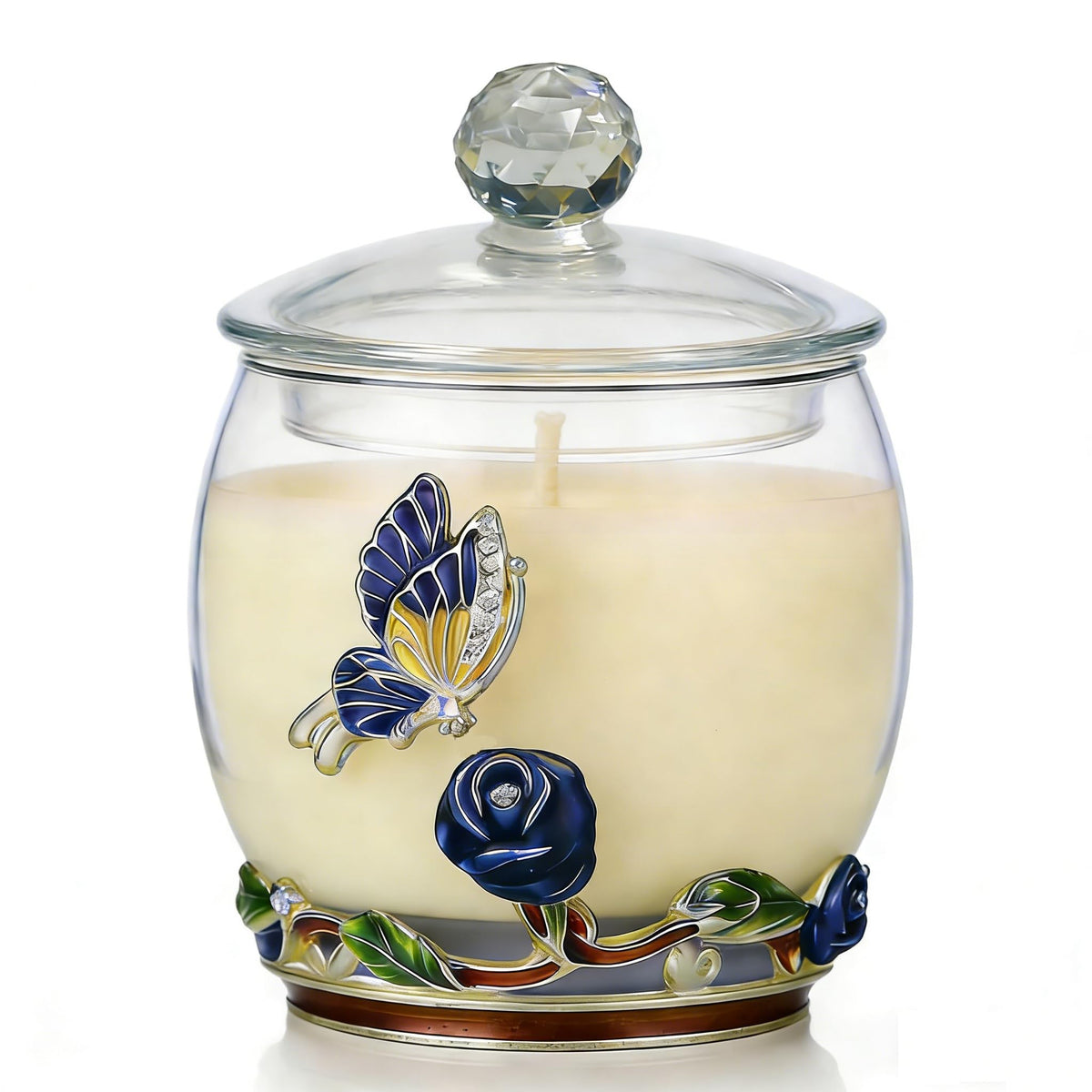 Luxury Scented Candles Gifts for Women - Enamel Butterfly & Blue Rose Decorative Glass Jar with Faceted Crystal Lid, Natural Soy Wax Aromatherapy Candle for Stress Relief, Unique Birthday Mother's Day