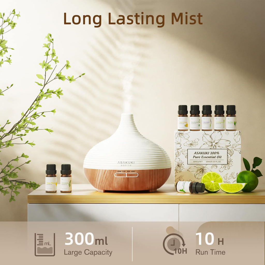 ASAKUKI 300ml Essential Oil Diffuser with 4 Timers & 14 Colour LED Lights