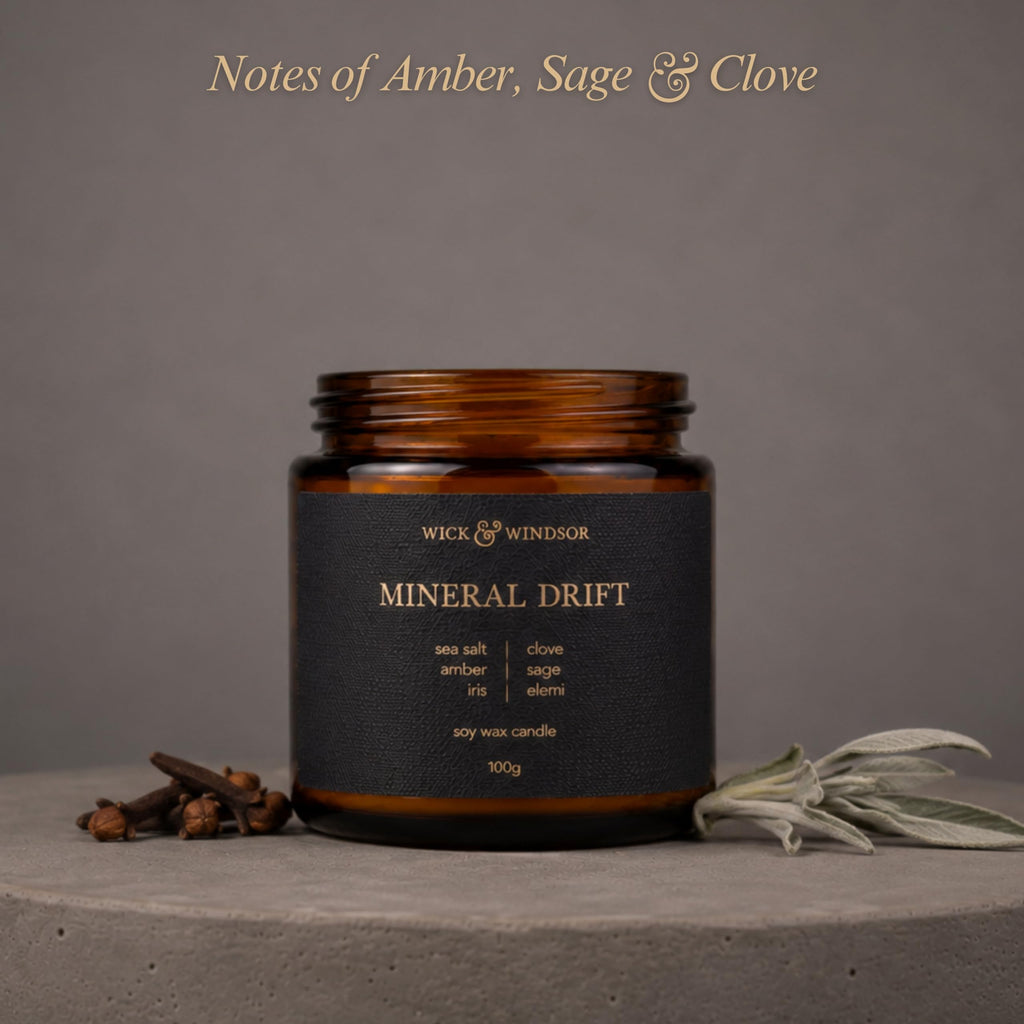 Wick & Windsor | Scented Candle Gift Set | Origins Collection | 3 Luxury Soy Wax Candles | Wooden Wick | 3×100g | Amber, Black Pepper & Sea Salt | Gift for Him - Birthday, Christmas & Father's Day