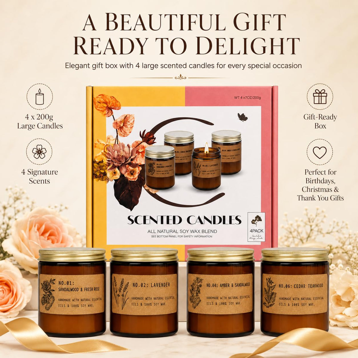 Scented Candles Gift Set for Women, 4 Pack Large Soy Wax Aromatherapy Candles for Home, Long Lasting Home Fragrance for Mum, Wife and Friends on Birthdays, Christmas and Mother's Day, Up to 200 Hours