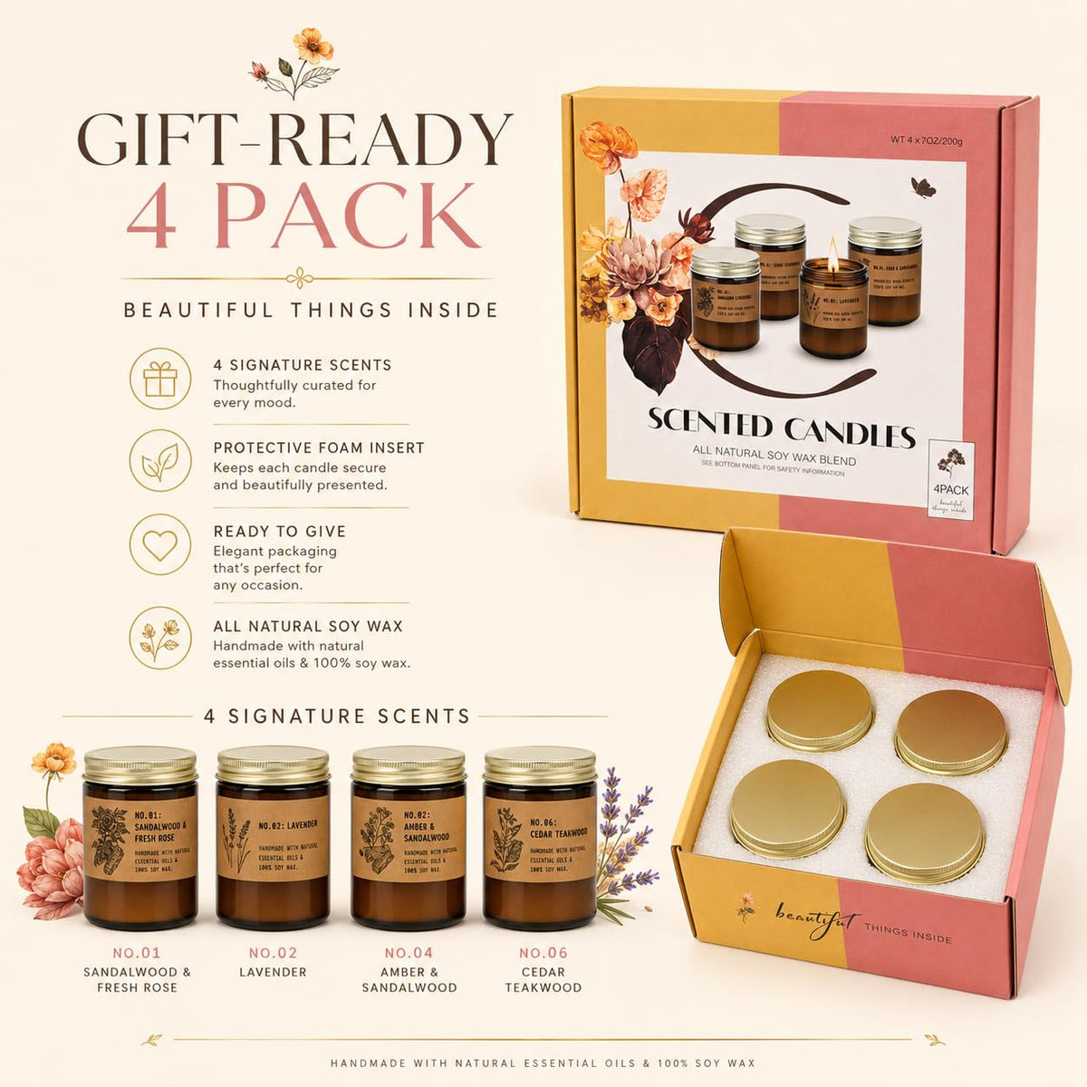 Scented Candles Gift Set for Women, 4 Pack Large Soy Wax Aromatherapy Candles for Home, Long Lasting Home Fragrance for Mum, Wife and Friends on Birthdays, Christmas and Mother's Day, Up to 200 Hours