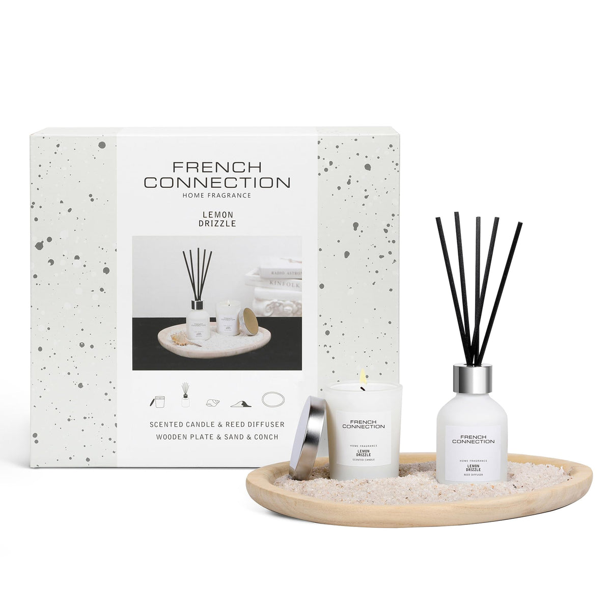French Connection Lemon Drizzle Home Fragrance Gift Set | Scented Candle & Reed Diffuser with Wooden Plate, Sand | Luxury Aromatherapy Set | (Small)