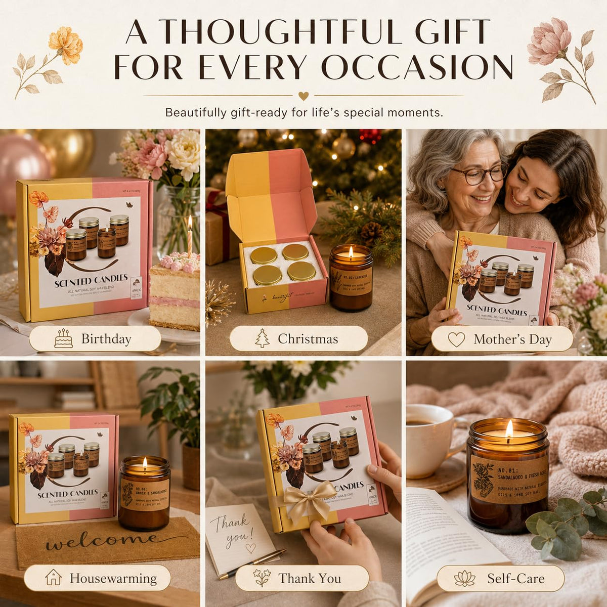 Scented Candles Gift Set for Women, 4 Pack Large Soy Wax Aromatherapy Candles for Home, Long Lasting Home Fragrance for Mum, Wife and Friends on Birthdays, Christmas and Mother's Day, Up to 200 Hours