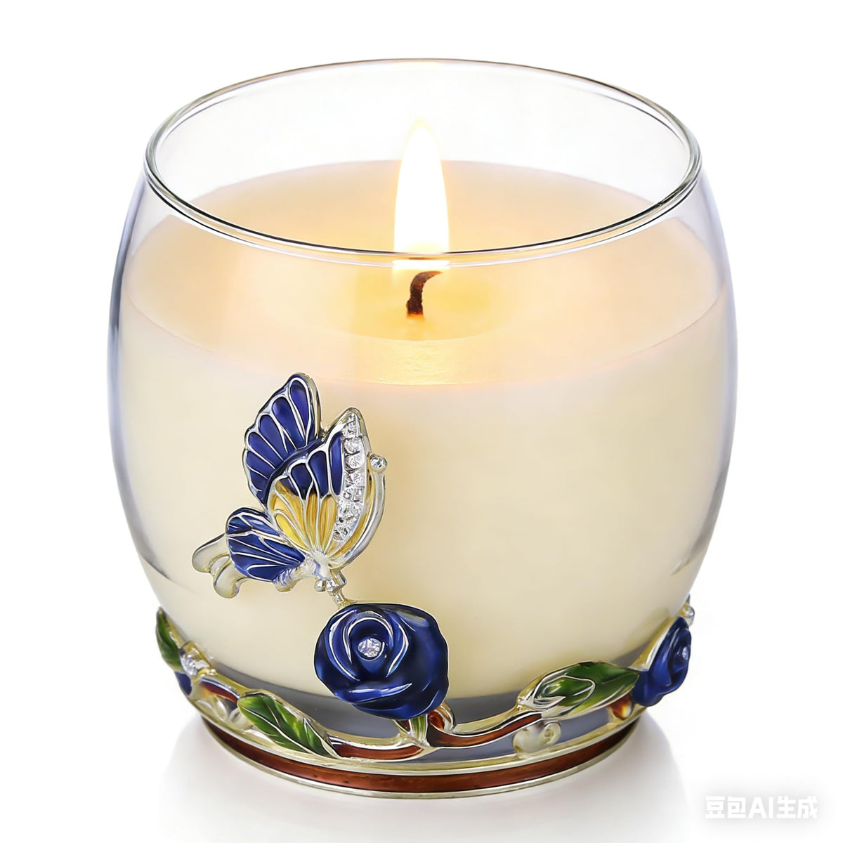Luxury Scented Candles Gifts for Women - Enamel Butterfly & Blue Rose Decorative Glass Jar with Faceted Crystal Lid, Natural Soy Wax Aromatherapy Candle for Stress Relief, Unique Birthday Mother's Day