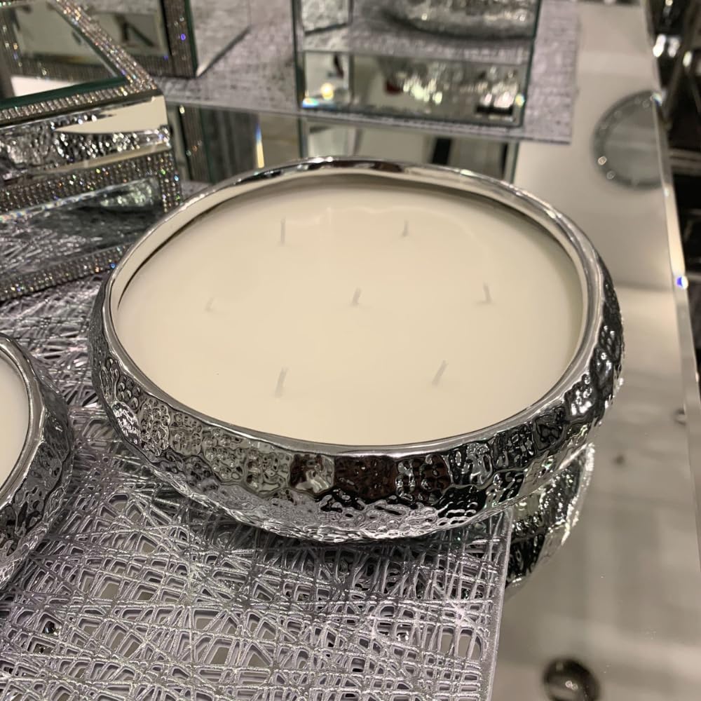 Marco Paul Large Vanilla Scented Candle Bowl - 7 Wick Silver Candle Dish Hammered Tone Home Decoration - Home Fragrance Luxury Soy Wax Christmas Gifts Long Lasting Dining Table Centrepiece