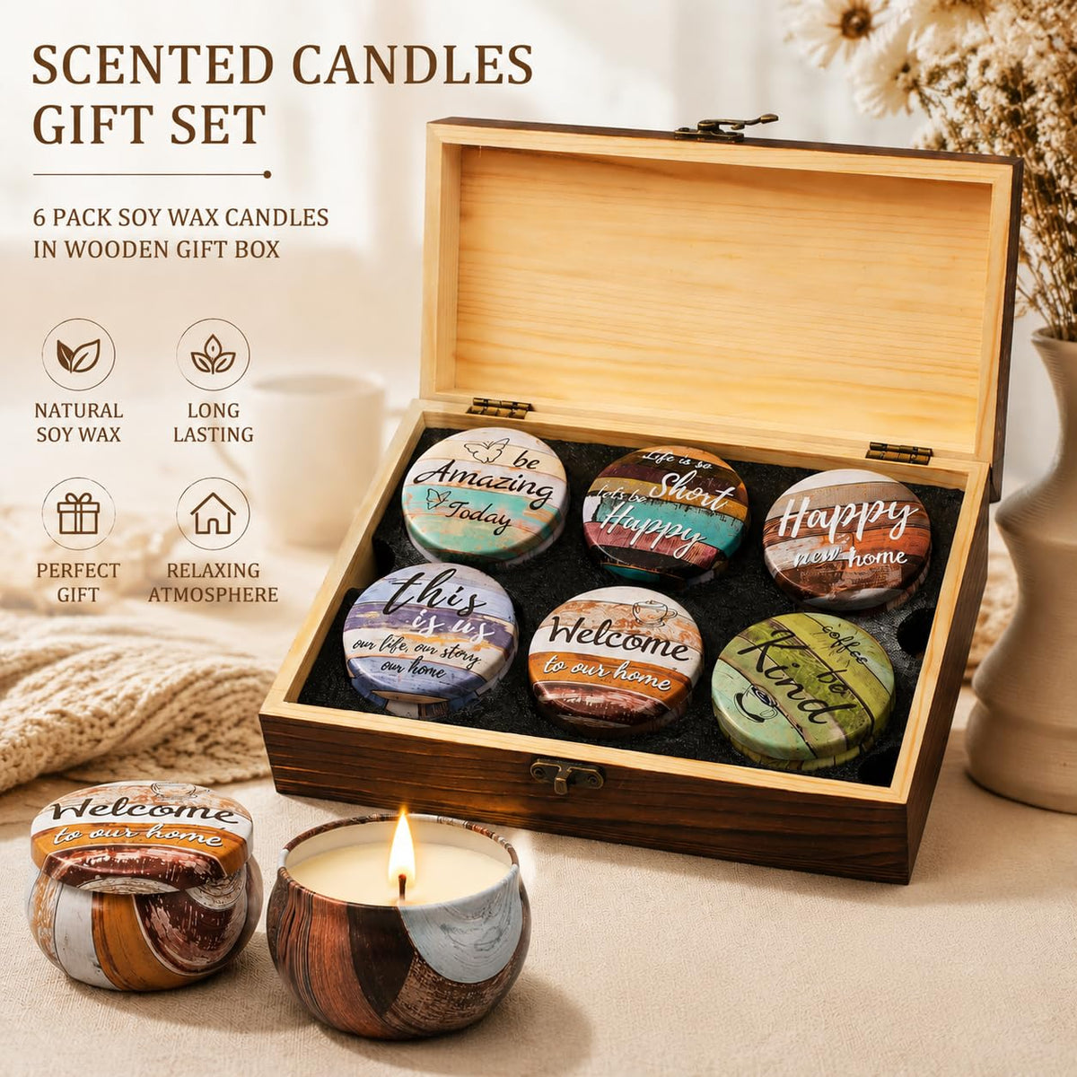 Luxury Scented Candle Gift Set for Women Natural Soy Wax Aromatherapy Candles in Elegant Wooden Gift Box for Relaxing, Self Care & Cosy Home Spa, Small Thoughtful Gift for Birthday, Mum, Christmas
