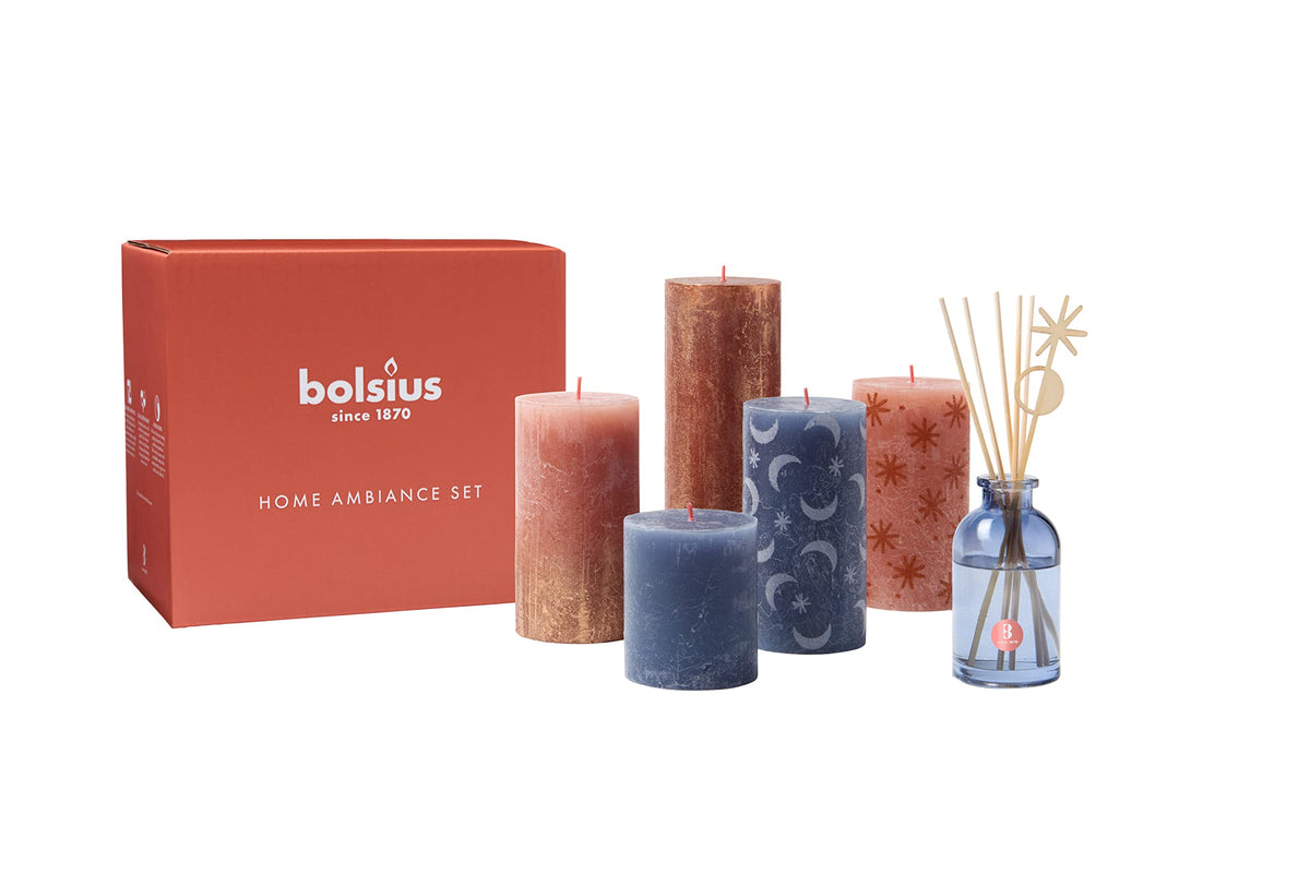 Bolsius Rustic Candle Gift Set - Secret Forest - Box of 5 Candles and 1 Reed Diffuser - Long Burning Time - Household Candle - Interior Decoration - Includes Natural Vegan Wax - No Palm Oil