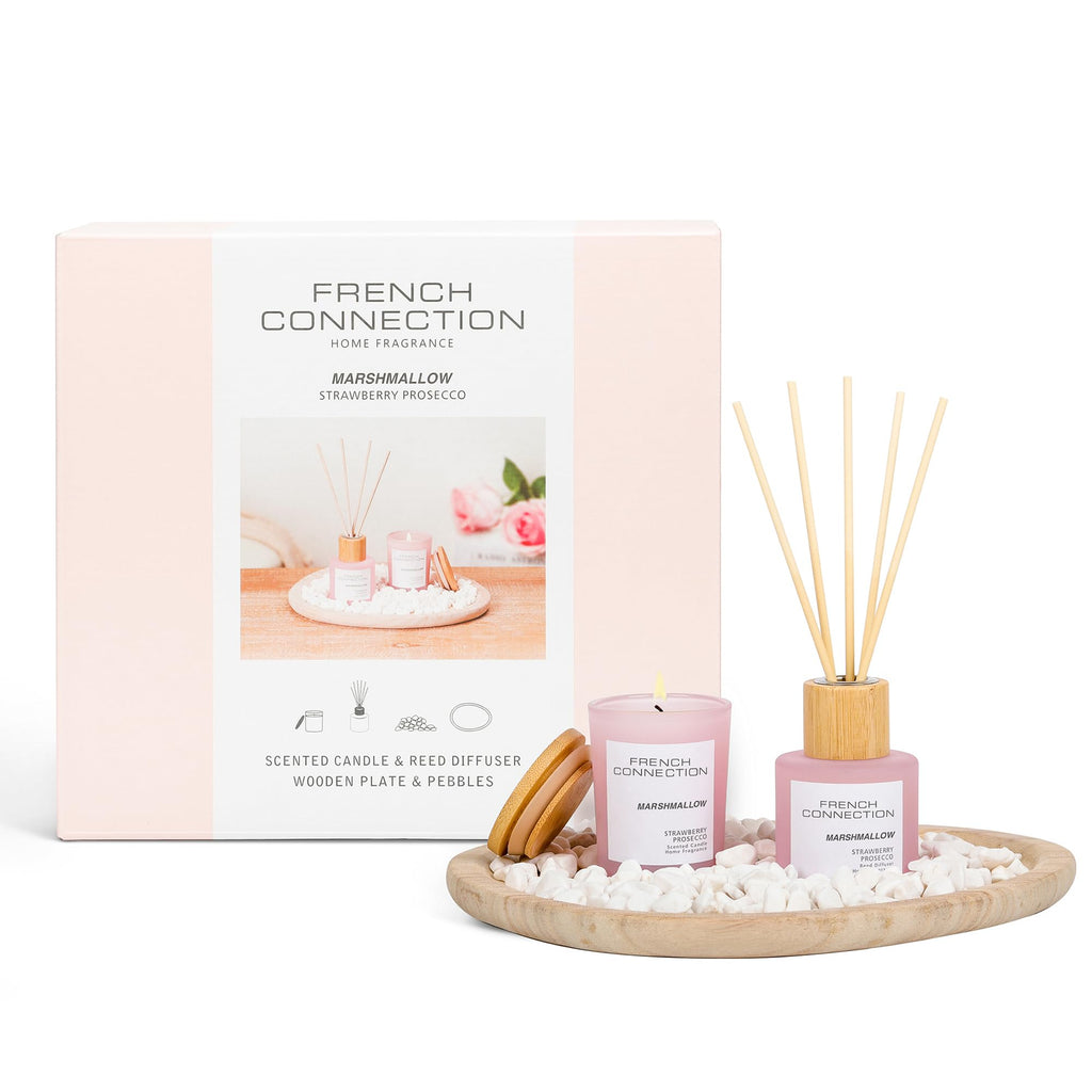 French Connection Marshmallow Home Fragrance Gift Set | Scented Candle & Reed Diffuser with Wooden Plate & Pebbles | Luxury Aromatherapy Set | (Small)