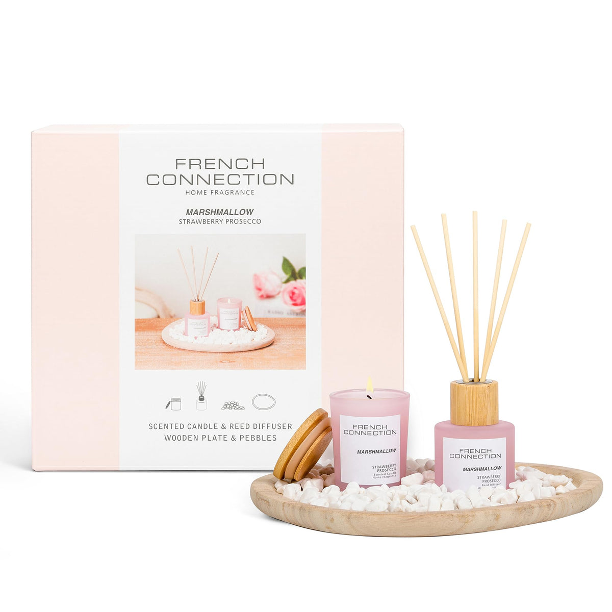 French Connection Marshmallow Home Fragrance Gift Set | Scented Candle & Reed Diffuser with Wooden Plate & Pebbles | Luxury Aromatherapy Set | (Small)