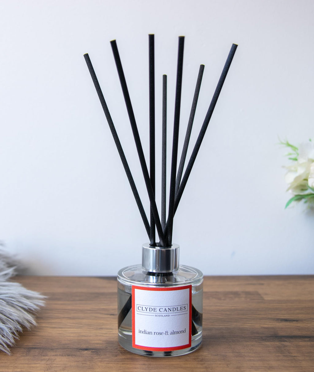 Indian Rose & Almond Reed Diffuser - Clyde Candles, Luxury Diffuser Oil with a Set of 7 Fibre Sticks, Best Aroma Scent for Home, Kitchen, Living Room, Bathroom. Fragrance Diffusers set with sticks