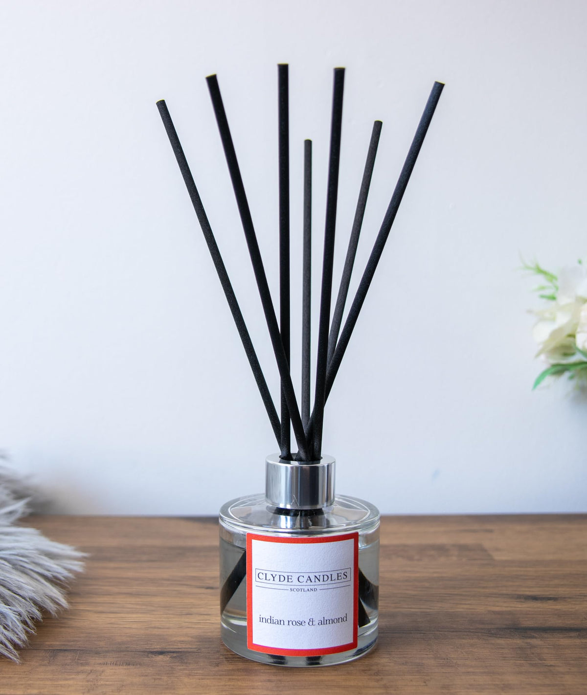 Indian Rose & Almond Reed Diffuser - Clyde Candles, Luxury Diffuser Oil with a Set of 7 Fibre Sticks, Best Aroma Scent for Home, Kitchen, Living Room, Bathroom. Fragrance Diffusers set with sticks