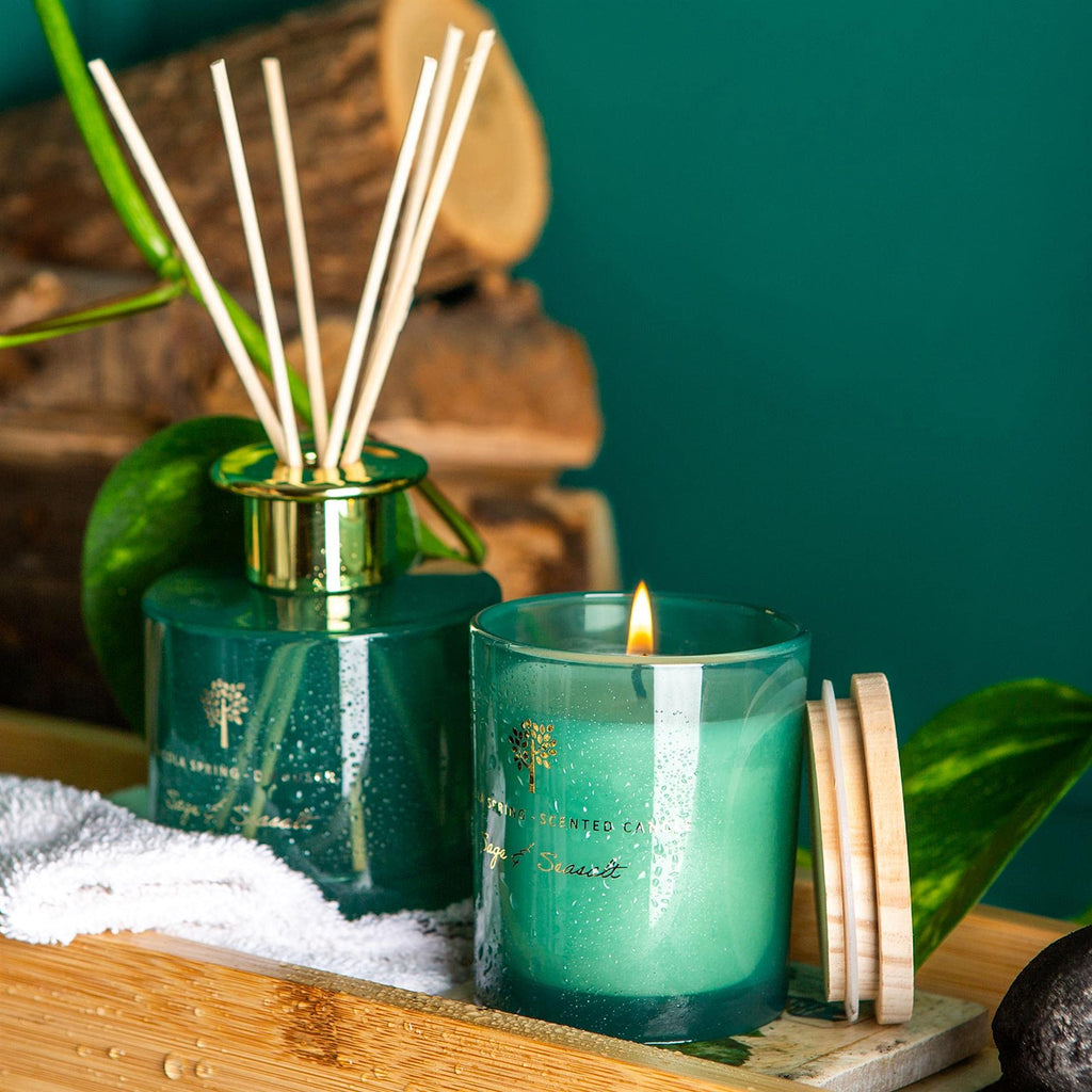 Nicola Spring Sage & Seasalt Scented Candle & Reed Diffuser Set - 130g Soy Wax Candle 21 Hour Burning Time Small Relaxing Fragrance Gift Set Aromatherapy 200ml Fragrant Diffuser