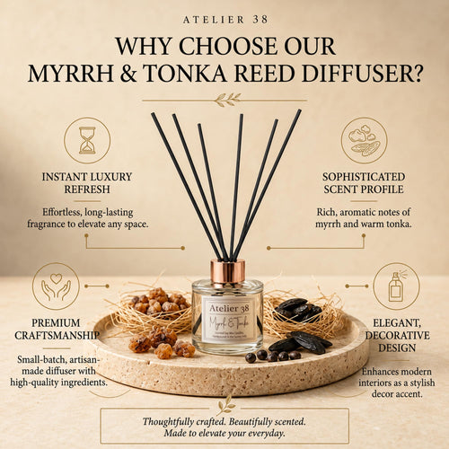 Atelier 38 Myrrh & Tonka Reed Diffuser for Home 120ml - Luxury Reed Diffusers for Home Fragrance, Long Lasting Air Diffuser & Bathroom Air Freshener - Home essential