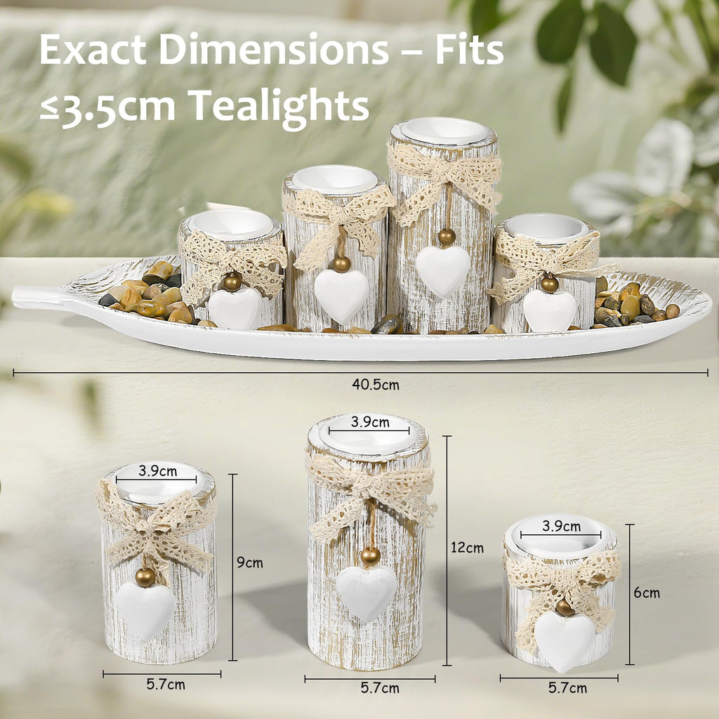 GoMaihe Wooden Candle Holders with Tray : 4-Pcs Tealight Candlestick Set for Dining Table Centrepiece, Ornaments for Living Room Bathroom, House Warming Gifts, Leaf