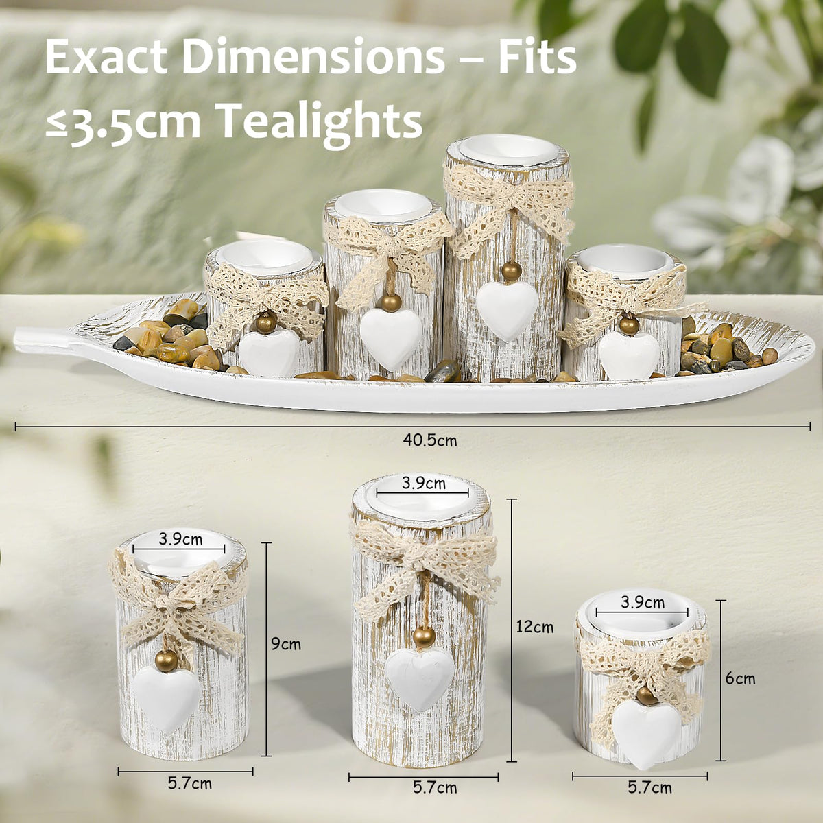 GoMaihe Wooden Candle Holders with Tray : 4-Pcs Tealight Candlestick Set for Dining Table Centrepiece, Ornaments for Living Room Bathroom, House Warming Gifts, Leaf