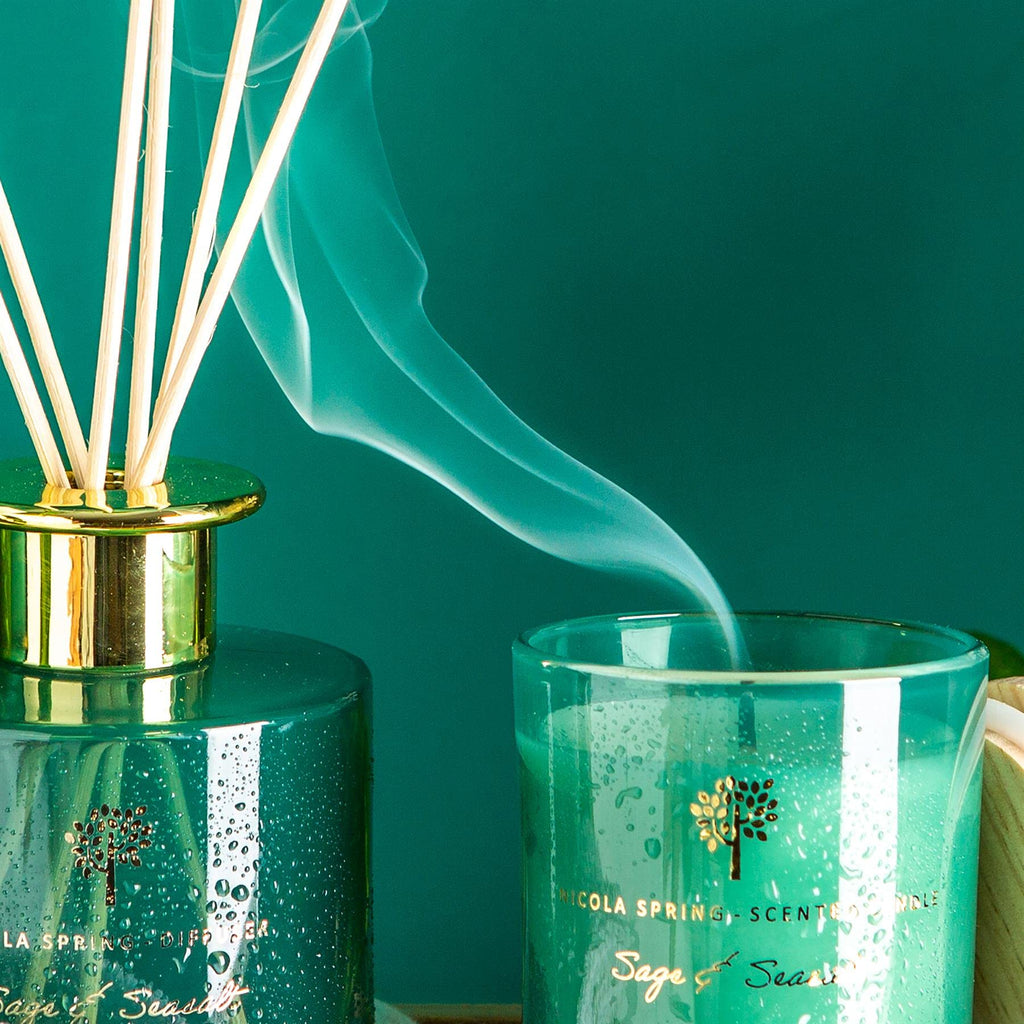 Nicola Spring Sage & Seasalt Scented Candle & Reed Diffuser Set - 130g Soy Wax Candle 21 Hour Burning Time Small Relaxing Fragrance Gift Set Aromatherapy 200ml Fragrant Diffuser