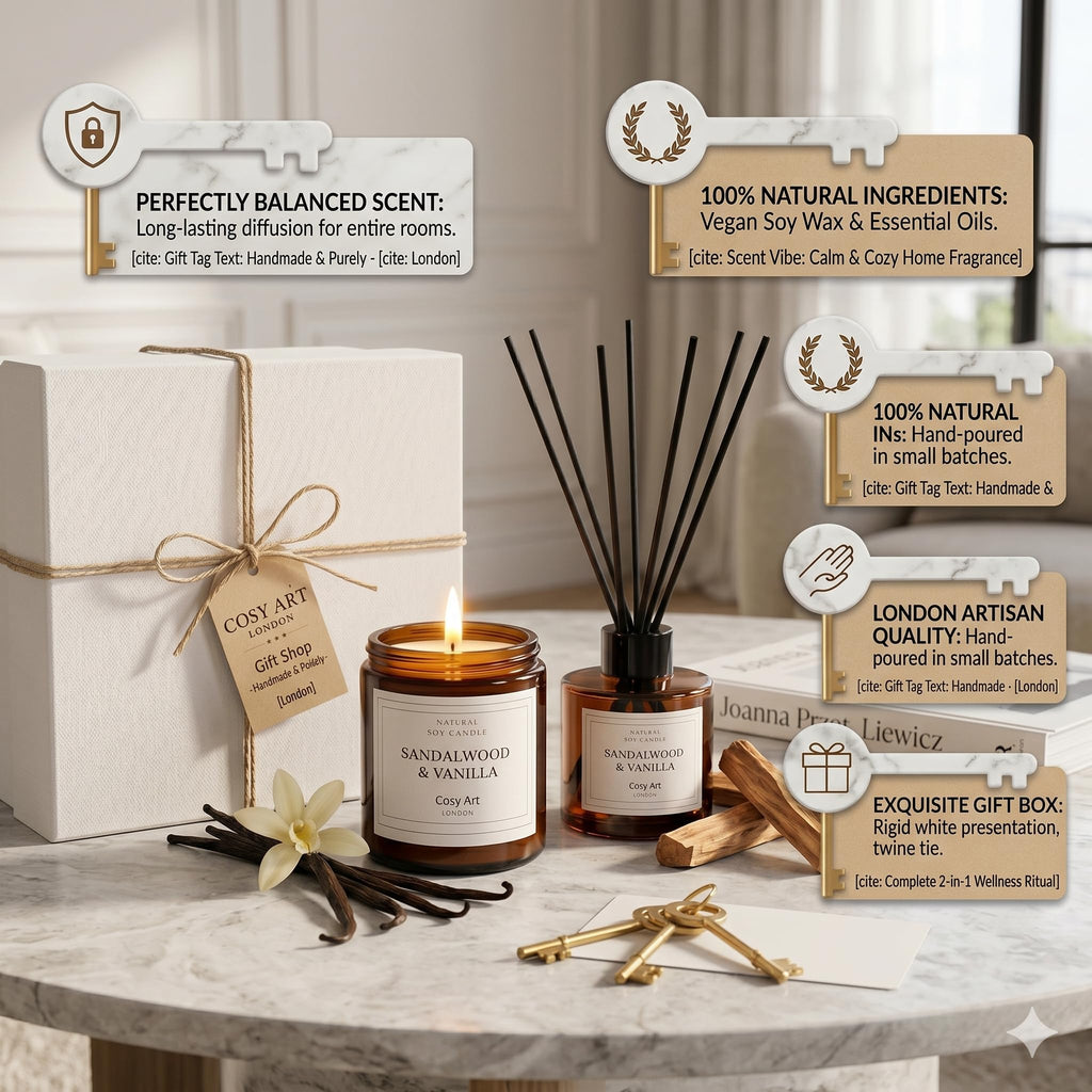 Gift Set | Luxury Sandalwood & Vanilla Relaxation Hamper | Cosy Art London Home Fragrance Box Includes Hand-Poured Soy Candle & Reed Diffuser | Premium Birthday, Anniversary, Pamper Gift