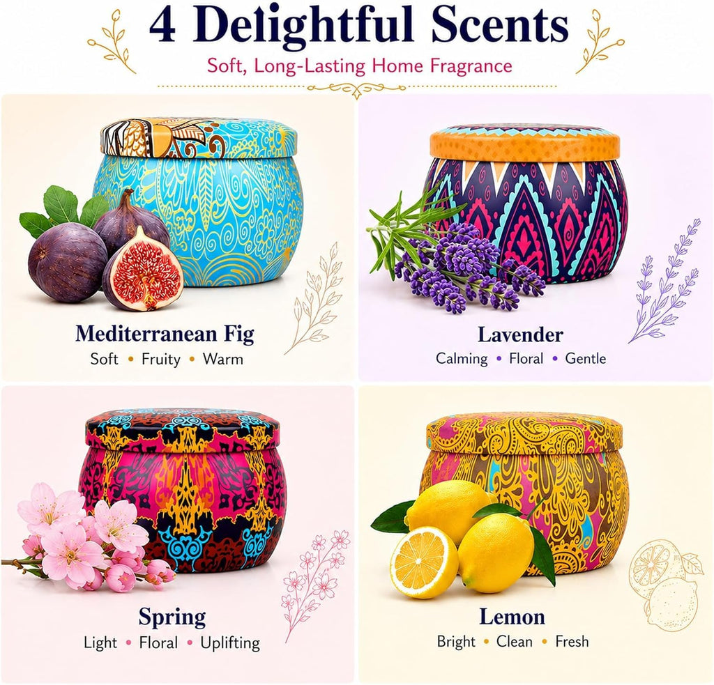 YMing Scented Candles Gifts for Women, 5.65 oz Large Aromatherapy Candles, Candle Gift Set, Real Soy Wax Portable Travel Tin Candle, 4 Pack Metal, Gifts Set for her, Birthday, Valentine's Day