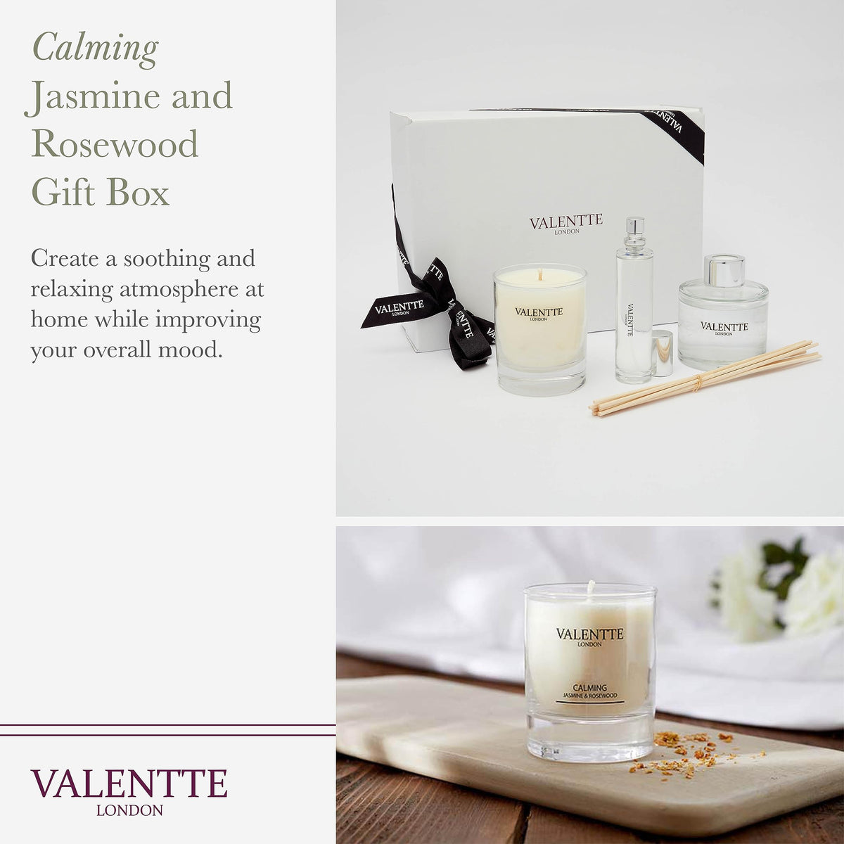 Valentte Gift Box, Jasmine & Rosewood, Diffuser, Candle & Room Mist