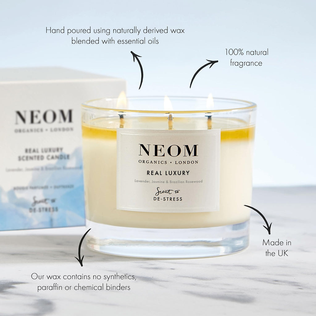 NEOM- Real Luxury Scented Candle, 3 Wick | Lavender, Jasmine & Sandalwood | Essential Oil Aromatherapy Candle | Scent to De-Stress