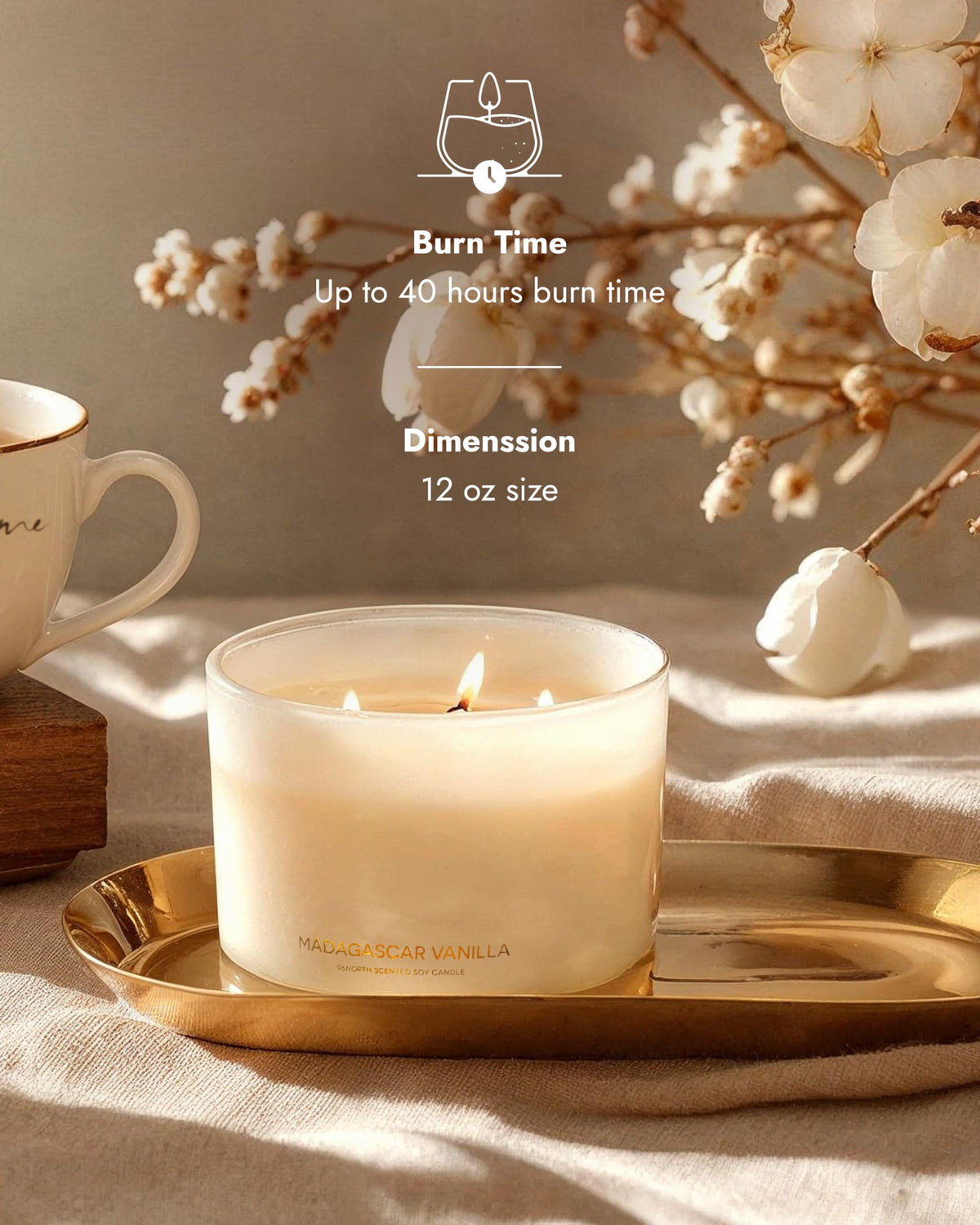 96NORTH Luxury Vanilla Soy Candles | Large 3 Wick Jar Candle | Up to 50 Hours Burning Time | 100% Natural Soy Wax | Relaxing Aromatherapy | Housewarming Gift for Men and Women