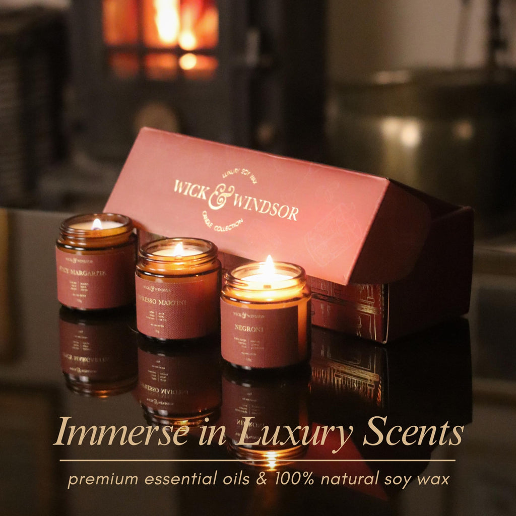Wick & Windsor | Scented Candle Gift Set | Cocktail Collection | 3 Luxury Soy Wax Candles | Wooden Wick | 3×100g | Coffee, Blood Orange & Lime | Gift for Her & Him — Birthday, Christmas & Housewarming