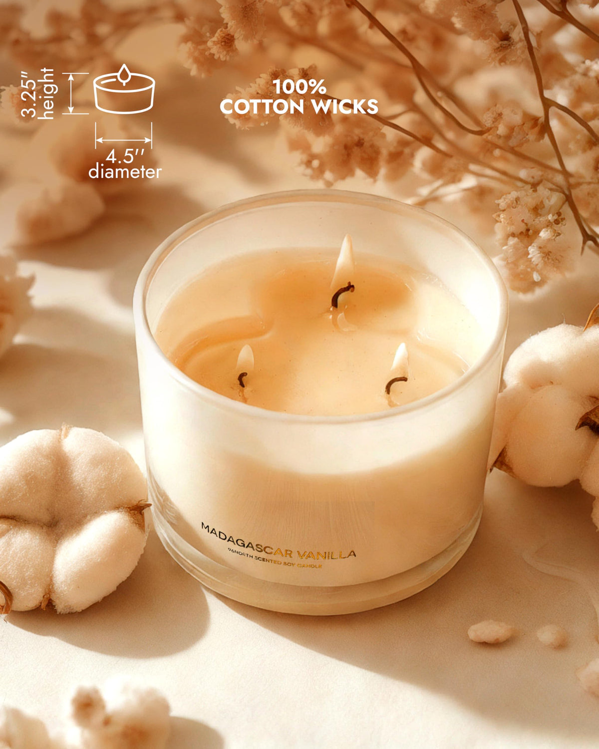 96NORTH Luxury Vanilla Soy Candles | Large 3 Wick Jar Candle | Up to 50 Hours Burning Time | 100% Natural Soy Wax | Relaxing Aromatherapy | Housewarming Gift for Men and Women