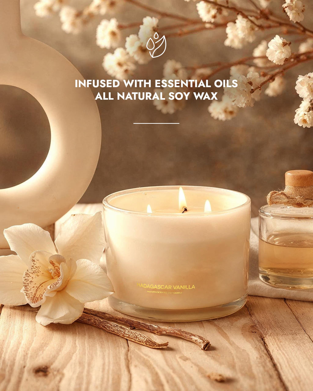 96NORTH Luxury Vanilla Soy Candles | Large 3 Wick Jar Candle | Up to 50 Hours Burning Time | 100% Natural Soy Wax | Relaxing Aromatherapy | Housewarming Gift for Men and Women