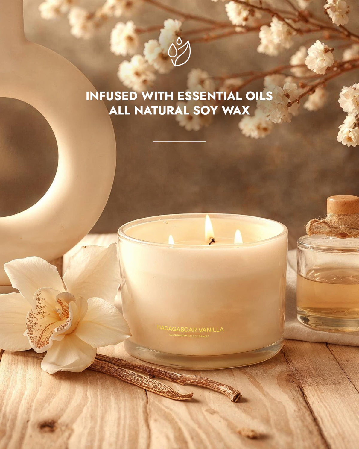 96NORTH Luxury Vanilla Soy Candles | Large 3 Wick Jar Candle | Up to 50 Hours Burning Time | 100% Natural Soy Wax | Relaxing Aromatherapy | Housewarming Gift for Men and Women