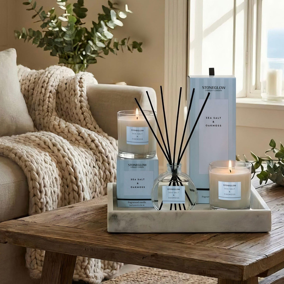 Stoneglow Modern Classics Sea Salt & Oakmoss Scented Reed Diffuser 120ml with 12 Rattan Reed Diffuser Sticks – Fragranced Home Air Freshener, Lasts 10 Weeks, Refillable Fragrance, Made In The UK