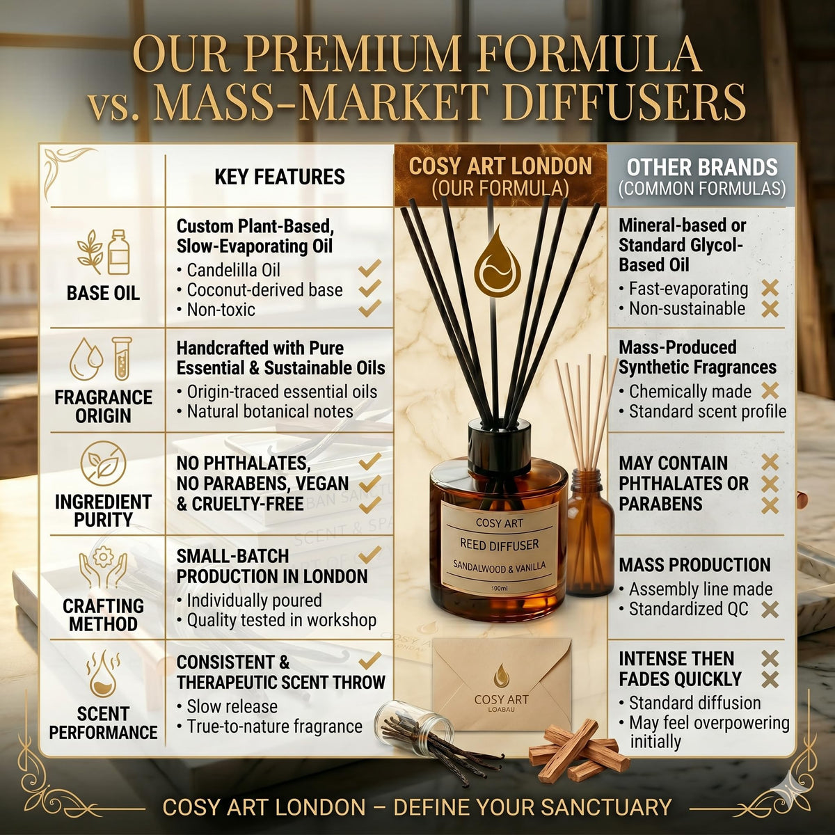 Luxury Sandalwood & Vanilla Reed Diffuser | Long-Lasting 100ml Home Fragrance | Includes Extra Rattan Reeds for Optimal Scent Throw | Vegan & Cruelty-Free for Home & Office Décor