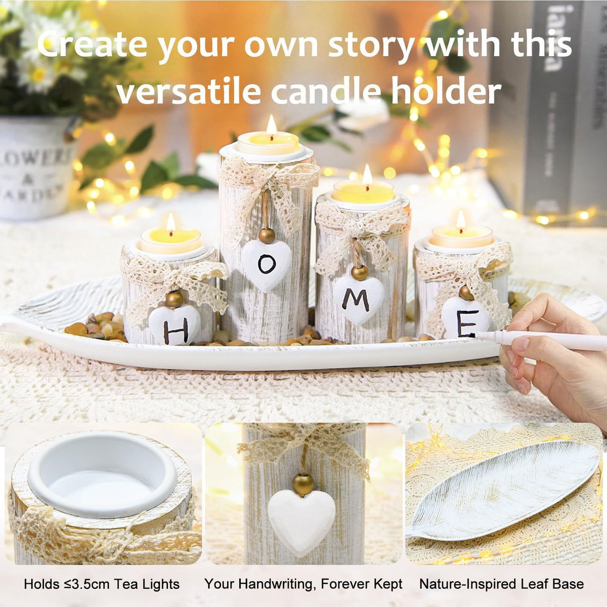 GoMaihe Wooden Candle Holders with Tray : 4-Pcs Tealight Candlestick Set for Dining Table Centrepiece, Ornaments for Living Room Bathroom, House Warming Gifts, Leaf