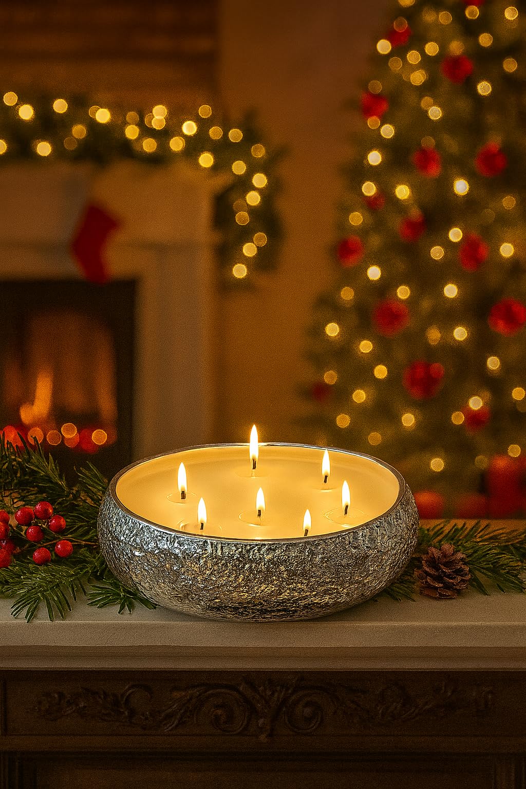 Marco Paul Large Vanilla Scented Candle Bowl - 7 Wick Silver Candle Dish Hammered Tone Home Decoration - Home Fragrance Luxury Soy Wax Christmas Gifts Long Lasting Dining Table Centrepiece