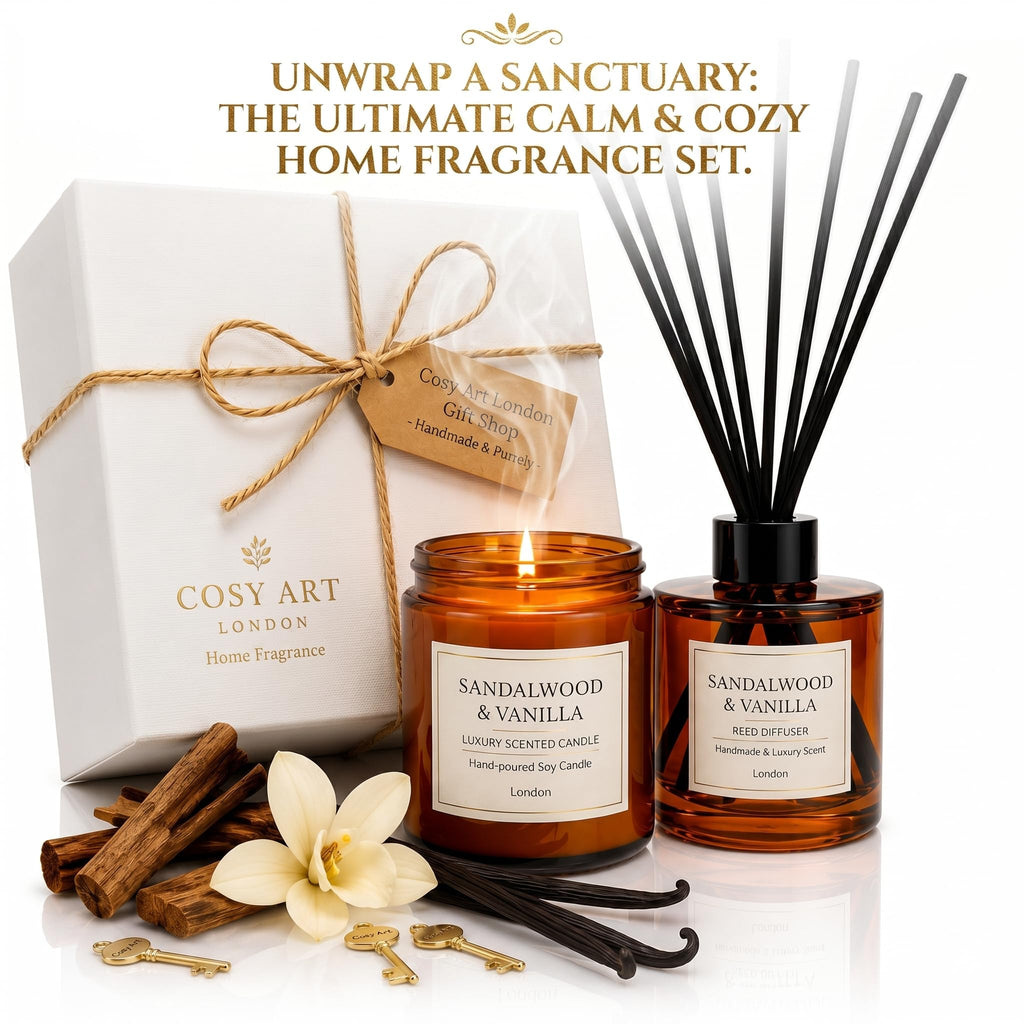 Gift Set | Luxury Sandalwood & Vanilla Relaxation Hamper | Cosy Art London Home Fragrance Box Includes Hand-Poured Soy Candle & Reed Diffuser | Premium Birthday, Anniversary, Pamper Gift